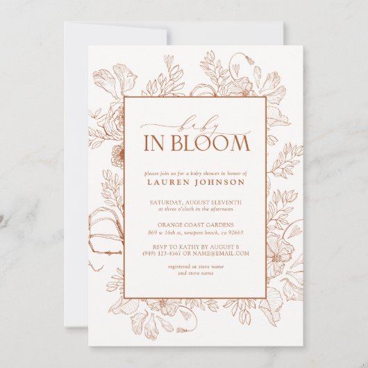 Invitation Boho Fall Terracotta Floral Line Art Baby In Bloom (Devant)