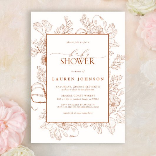 Invitation Boho Fall Terracotta Floral Line Art Baby In Bloom