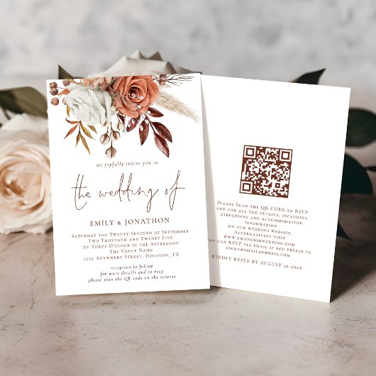 Invitation Boho Fall Terracotta Florals QR Code Mariage