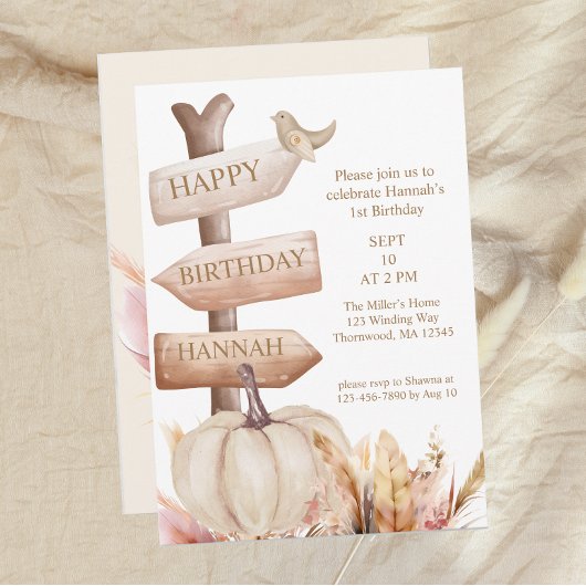 Invitation Boho Fall White Citrouille Girls First Birthday