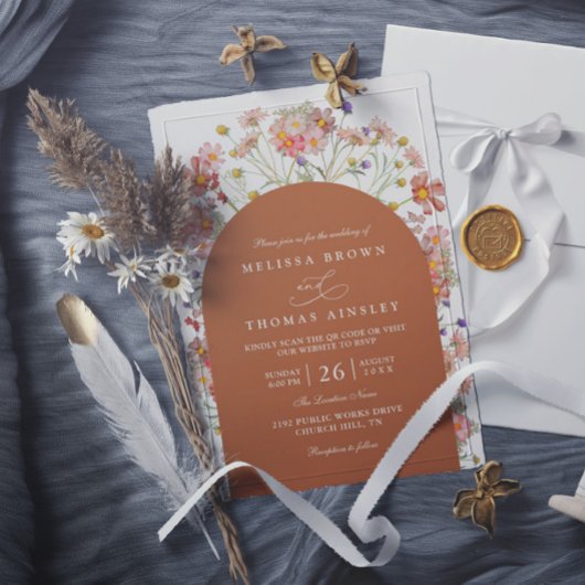 Invitation Boho Fall Wildflower Terracotta QR Code Wedding