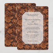 Invitation Boho Faux Brown Cuir Mariage Floral (Devant / Derrière)
