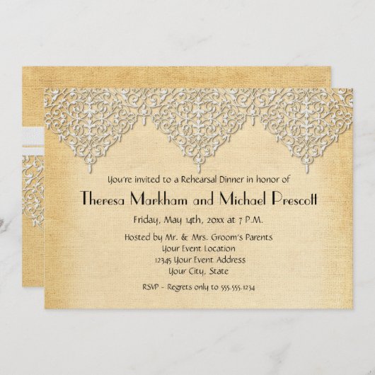 Invitation BOHO Faux Burlap n dentelle gitane moderne style m (Devant / Derrière)