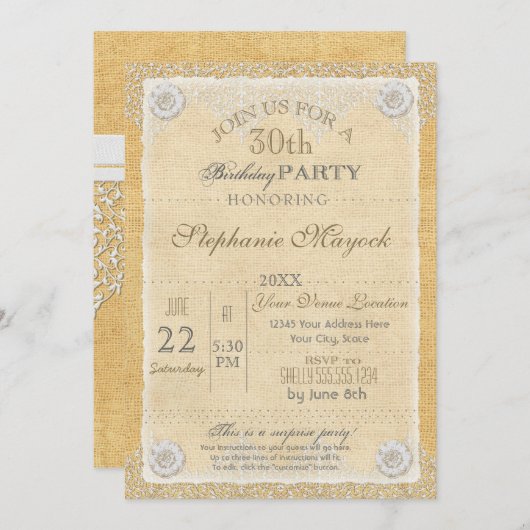 Invitation BOHO Faux Burlap n dentelle gitane moderne style m (Devant / Derrière)