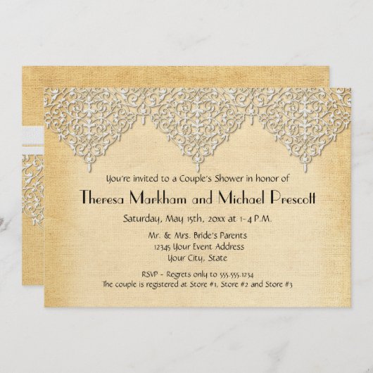 Invitation BOHO Faux Burlap n dentelle gitane moderne style m (Devant / Derrière)