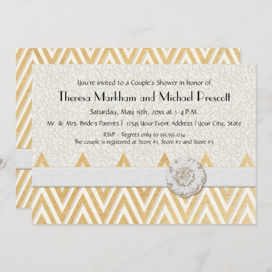 Invitation BOHO Faux Burlap n Lace cHEVRON style moderne mod (Devant / Derrière)