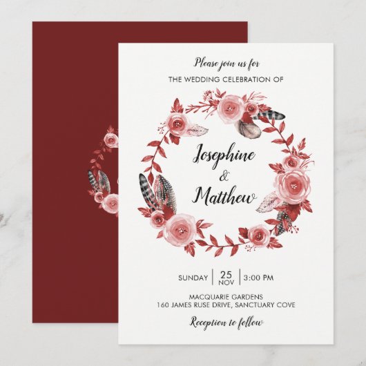 Invitation Boho Feather Bourgogne Rose Mariage de couronne (Devant / Derrière)