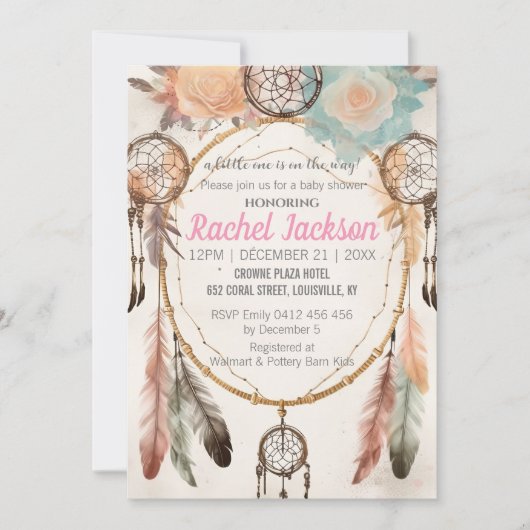 Invitation Boho Feather Dreamcatcher Baby shower aquarelle (Devant)