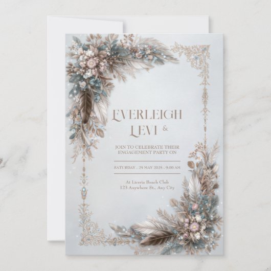 Invitation Boho Feather Floral Dusty Blue Gold Frame Wedding (Devant)