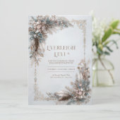 Invitation Boho Feather Floral Dusty Blue Gold Frame Wedding (Debout devant)