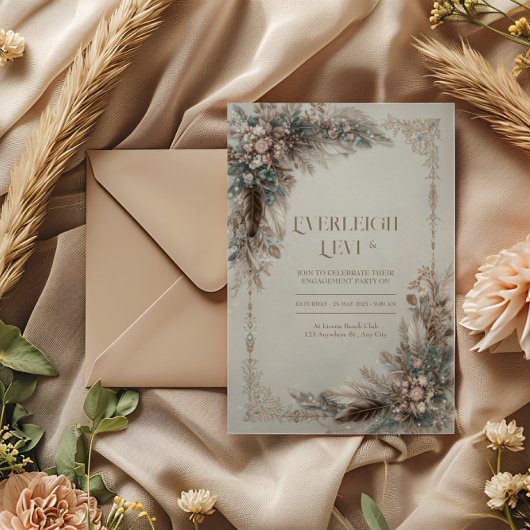 Invitation Boho Feather Floral Dusty Blue Gold Frame Wedding