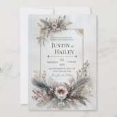 Invitation Boho Feather Floral Pink Gold Frame Wedding (Devant)