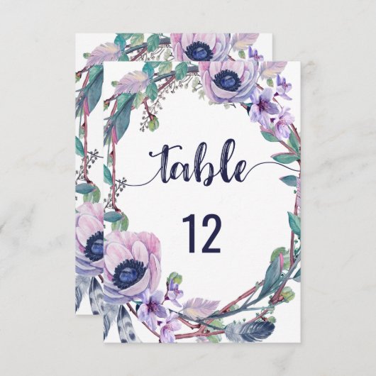 Invitation Boho Feather & Floral Wreath Numéro de Mariage (Devant / Derrière)