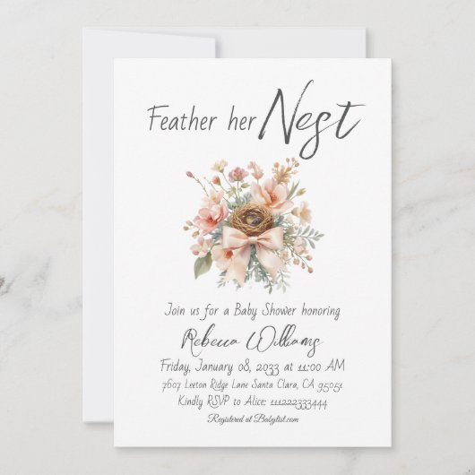Invitation Boho Feather Her Nest Bow Baby Shower (Devant)