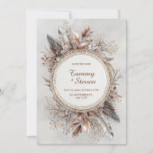 Invitation Boho Feather Wreath Earth Tone Gold Frame Wedding (Devant)