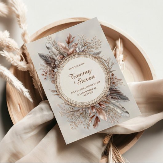 Invitation Boho Feather Wreath Earth Tone Gold Frame Wedding