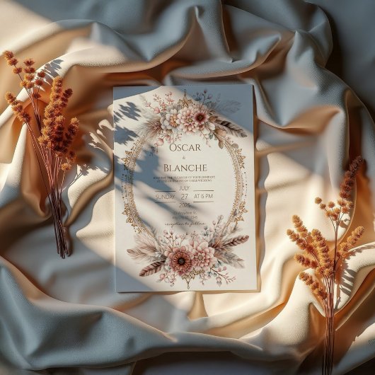 Invitation Boho Feather Wreath Pink Floral Gold Wedding