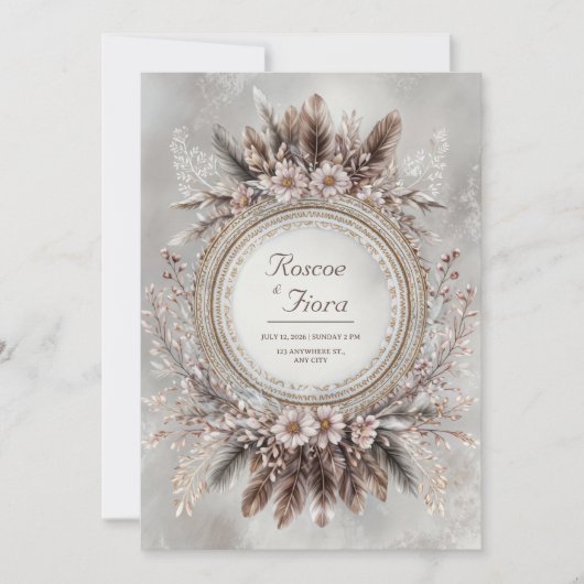 Invitation Boho Feather Wreath Pink Floral Wedding (Devant)