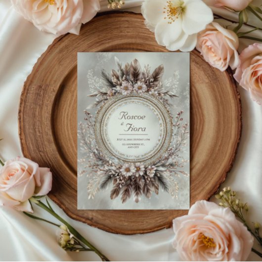 Invitation Boho Feather Wreath Pink Floral Wedding