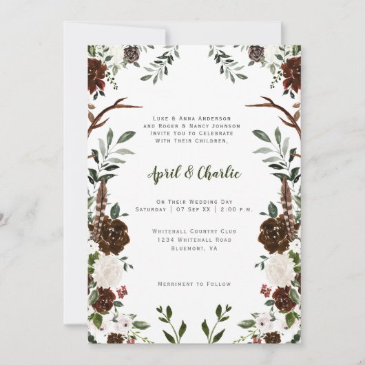 Invitation Boho Feathers Antlers Fleurs Botaniques Cadre (Devant)