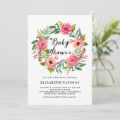Invitation Boho Feathers Baby shower rose Floral Wreath (Debout devant)