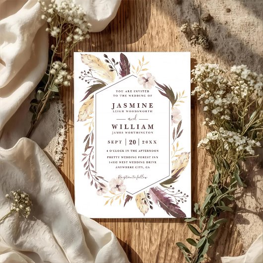 Invitation Boho Feathers Elagant Modern Chic QR Code Wedding