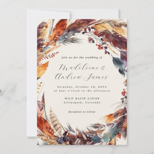 Invitation Boho Feathers Fall Wreath Calligraphy Mariage (Devant)