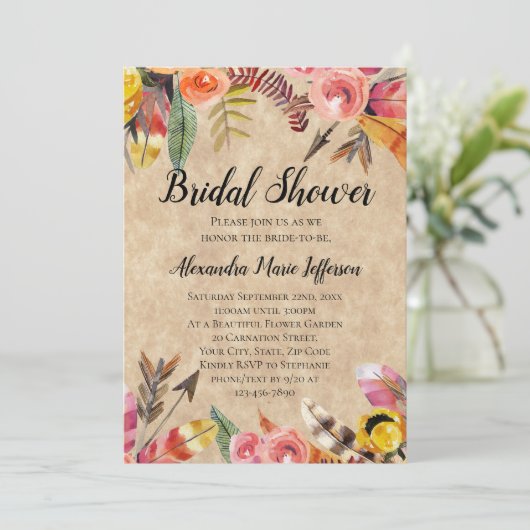 Invitation Boho Feathers Flèches Fleurs Mariage rustique (Debout devant)