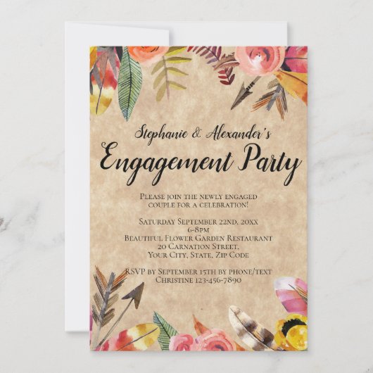 Invitation Boho Feathers Flèches Fleurs Mariage rustique (Devant)