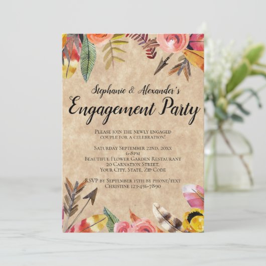 Invitation Boho Feathers Flèches Fleurs Mariage rustique (Debout devant)