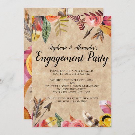 Invitation Boho Feathers Flèches Fleurs Mariage rustique (Devant / Derrière)