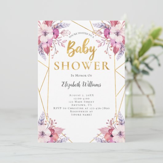Invitation Boho Feathers Fleurs Baby shower de cadre géométri (Debout devant)