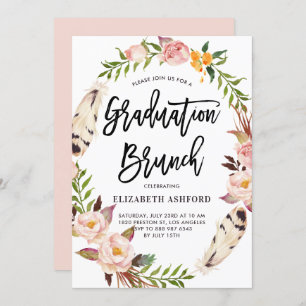 Invitation Boho Feathers & Floral Wreath Graduation Brunch