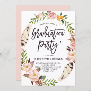 Invitation Boho Feathers & Floral Wreath Graduation Party
