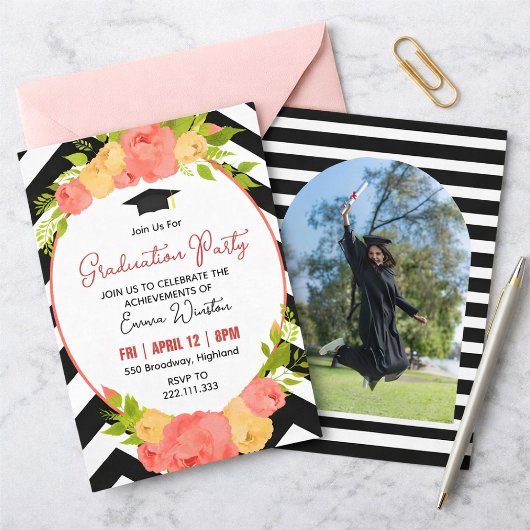 Invitation Boho Feathers & Floral Wreath Graduation Party