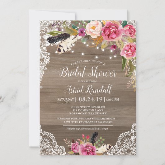 Invitation Boho Feathers & Lace Rustic Bridal ou Baby shower (Devant)