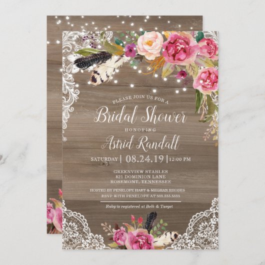 Invitation Boho Feathers & Lace Rustic Bridal ou Baby shower (Devant / Derrière)