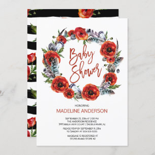 Invitation Boho Feathers Poppy Floral Fall Baby shower