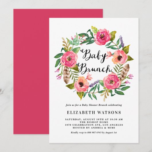 Invitation Boho Feathers rose Floral Wreath Baby Brunch (Devant / Derrière)