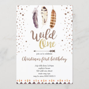 Invitation Boho Feathers Wild One Gold Girl Premier anniversa
