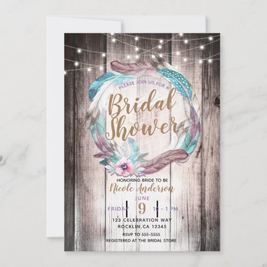 Invitation Boho Feathers Wreath & String Lights Fête des mari (Devant)