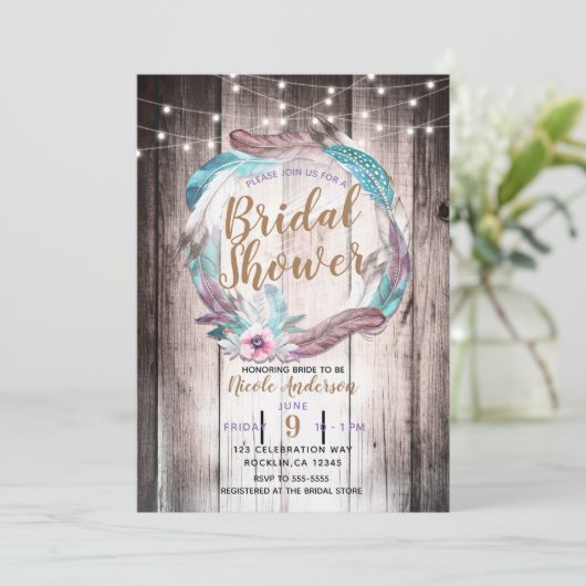 Invitation Boho Feathers Wreath & String Lights Fête des mari (Debout devant)