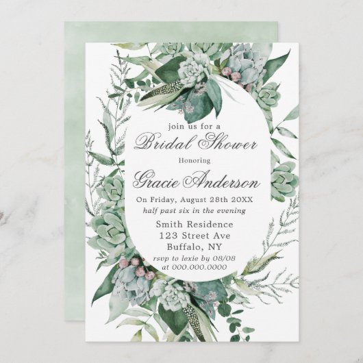 Invitation Boho Fête des mariées de verdure succulente (Devant / Derrière)