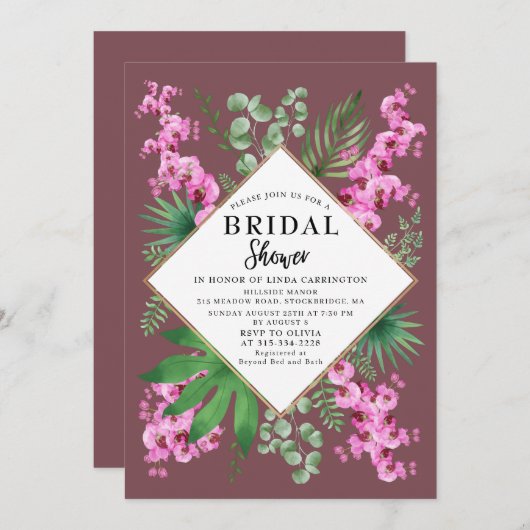 Invitation Boho Fête des mariées Tropical Floral QR Code Viol (Devant / Derrière)