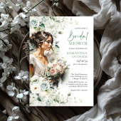 Invitation Boho feuillage vert blanc roses beauté mariée
