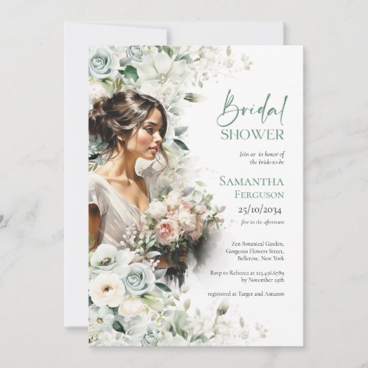 Invitation Boho feuillage vert blanc roses beauté mariée (Devant)