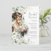 Invitation Boho feuillage vert blanc roses beauté mariée (Debout devant)