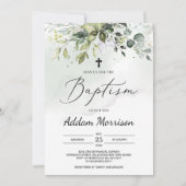 Invitation Boho feuillage vert eucalyptus feuille baptême (Devant)