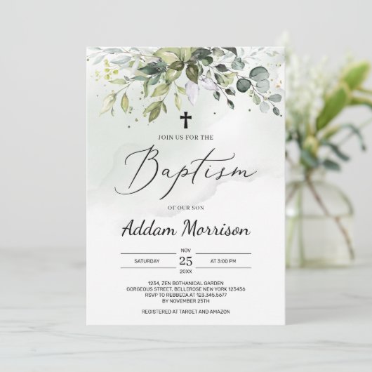 Invitation Boho feuillage vert eucalyptus feuille baptême (Debout devant)