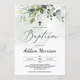 Invitation Boho feuillage vert eucalyptus feuille baptême